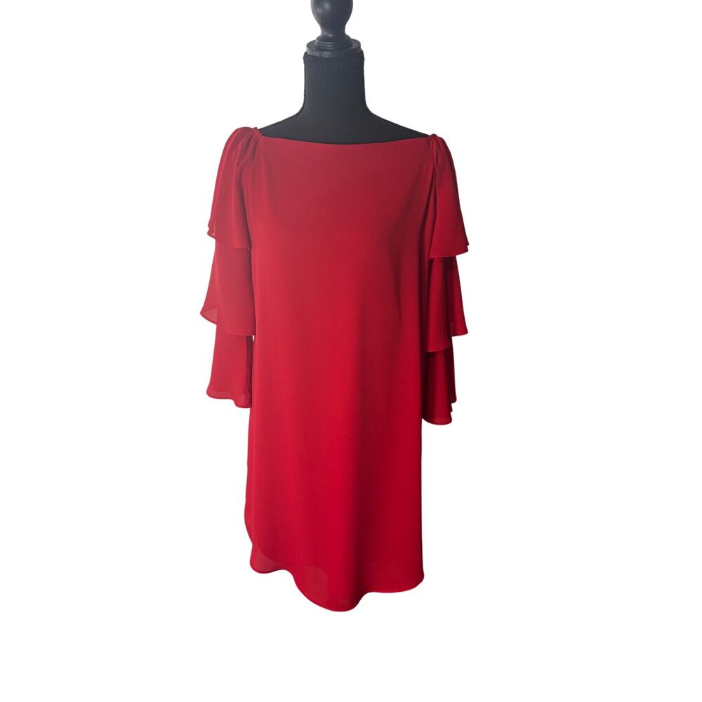 Joseph Ribkoff Red Off Shoulder Dress Layered Bell Sleeve Shift Dress Size 4‎